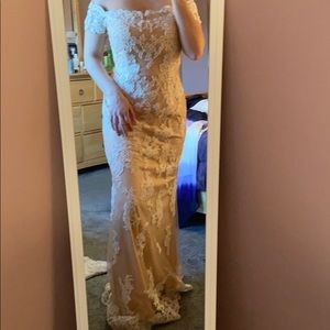 Clarisse Off the Shoulder White/Nude lace gown